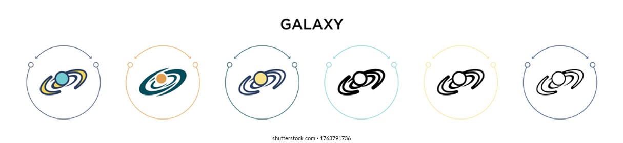 Galaxy icon in filled, thin line, outline and stroke style. Vector illustration of two colored and black galaxy vector icons designs can be used for mobile, ui, web