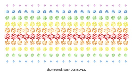 Galaxy icon rainbow colored halftone pattern. Vector symbols organized into halftone grid with vertical spectrum gradient. Constructed for backgrounds, covers, templates and abstract effects.