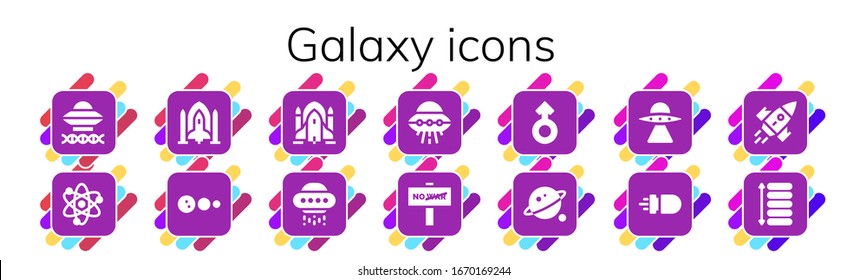 galaxy icon set. 14 filled galaxy icons. Included Ancient aliens, Solar system, Spaceship, Rocket ship, Ufo, War, Mars, Orbit, Aliens, Missile, Rocket, Spacing icons