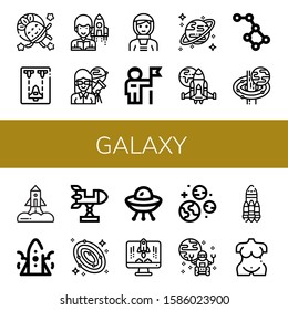 galaxy icon set. Collection of Astronaut, Spaceship, Astronomer, Uranus, Constellation, Black hole, Rocket, Galaxy, Ufo, Planets, Rover, Venus icons