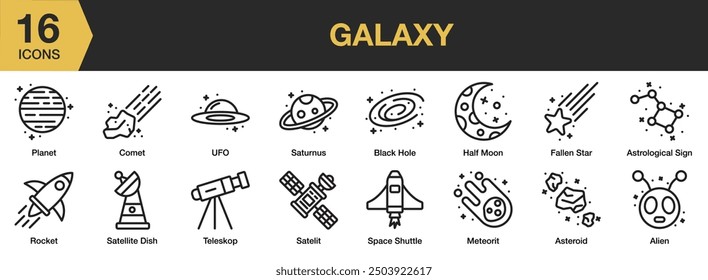 Galaxie-Symbolsatz. Umfasst Meteor, Asteroid, Satellit, Alien, Rakete, Raumschiff und mehr. Gliederungssymbole, Vektorsammlung.