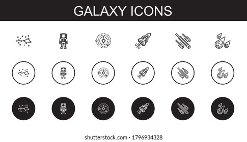galaxy icons set. Collection of galaxy with constellation, astronaut, solar system, space shuttle, meteorites, meteorite. Editable and scalable galaxy icons.