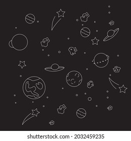 GALAXY ILLUSTRATION, BLACK AND WHITE, VECTOR LINES, PLANETS AND STARS