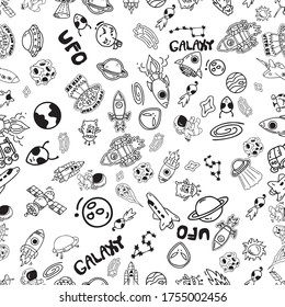 Galaxy illustration doodle vetor  pattern sticker ufo Spaceship Alien Astronaut star mars and have some free space for write wording with isolate background 