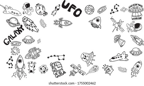 Galaxy illustration doodle vetor  pattern sticker ufo Spaceship Alien Astronaut star mars and have some free space for write wording with isolate background 