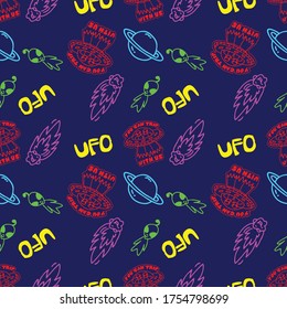 Galaxy illustration doodle vetor seamless pattern ufo Spaceship Alien Astronaut star with neon color tone and background with colorful tone