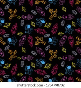 Galaxy illustration doodle vetor seamless pattern ufo Spaceship Alien Astronaut star with neon color tone and background with colorful tone