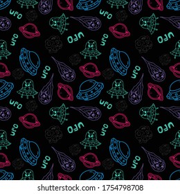 Galaxy illustration doodle vetor seamless pattern ufo Spaceship Alien Astronaut star with neon color tone and background with colorful tone