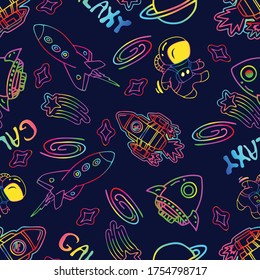 Galaxy illustration doodle vetor seamless pattern ufo Spaceship Alien Astronaut star with neon color tone and background with colorful tone