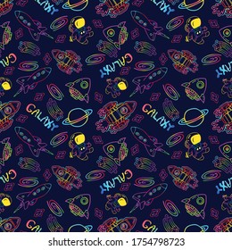 Galaxy illustration doodle vetor seamless pattern ufo Spaceship Alien Astronaut star with neon color tone and background with colorful tone