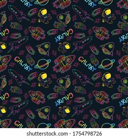 Galaxy illustration doodle vetor seamless pattern ufo Spaceship Alien Astronaut star with neon color tone and background with colorful tone