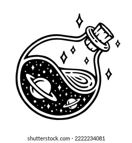 Galaxy in a jar doodle. Magical cosmic universe in a bottle drawing. Celestial mystic dream potion tattoo design. Vector illustration.