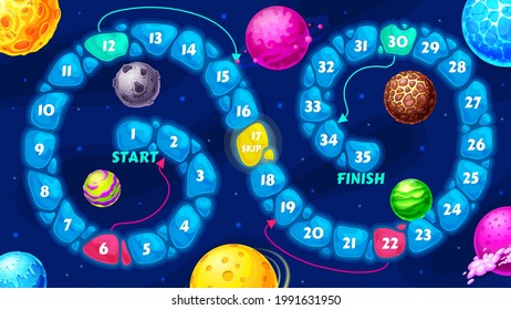 Galaxy kids board maze, space planets step by step game. Cartoon vector adventure boardgame with block path, numbers, start and finish. Educational children riddle for playschool leisure activity