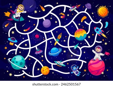 Galaxy labyrinth maze game, help to kid astronaut find his friend. Labyrinth children vector playing activity worksheet with cheerful boy astronaut and cute alien cartoon characters in outer space