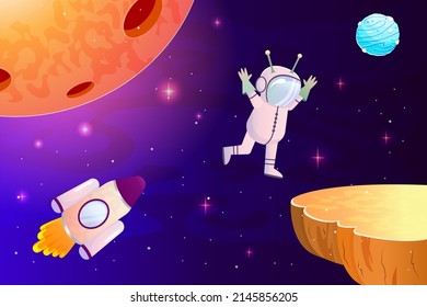 Galaxy landscape with planet mars and alien in space. Flying astronaut and cosmic rocket. Ufo in a spacesuit. Vector illustration in cartoon style. Background for space game interface.