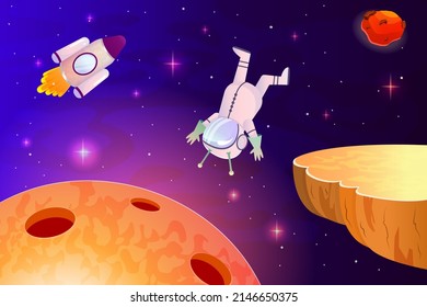 Galaxy landscape with planet mars and alien in space. Flying astronaut and cosmic rocket. Ufo in a spacesuit. Vector illustration in cartoon style. Background for space game interface.