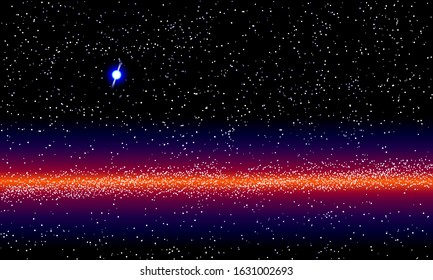 Galaxy lights on star horizon illustration. Blue Pulsar in the dark space.
