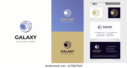 Galaxy Logo template with creative modern concept logo and business card design premium. Orbit planets in round icon for logo IT, concept design from space exploration, astrology. Vector illustration