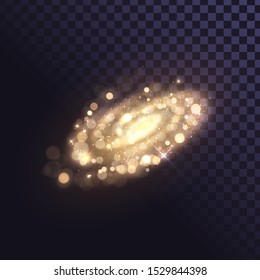 Galaxy made of golden blurry dust, bokeh, nebula and stars on a transparent background