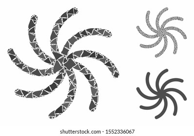 Galaxy mosaic of irregular elements in variable sizes and color tints, based on galaxy icon. Vector rough elements are combined into collage. Galaxy icons collage with dotted pattern.