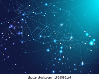 Galaxy Net Big Data Design, Network Connection. Linked Plexus Lines Vector Background. Blue Technology Space, Internet Cyberspace Data Concept. Big Data Information, Network Polygonal Nodes.