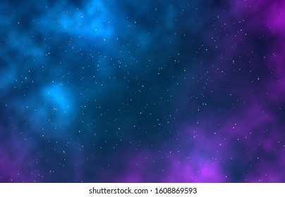 Galaxy. Night starry sky, infinite space universe with stars, galaxies. Nebulae and bright stains starlight astronomy vector purple, blue blank background