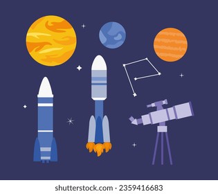 Galaxy objects set. Telescope and rockets near constellation. Astrology and astronomy. Universes and planets. Poster or banner. Cartoon flat vector collection isolated on starry background