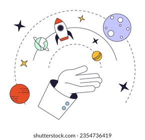 Galaxy on hand flat line color isolated vector object. Space exploration. Aerospace engineering. Editable clip art image on white background. Simple outline cartoon spot illustration for web design