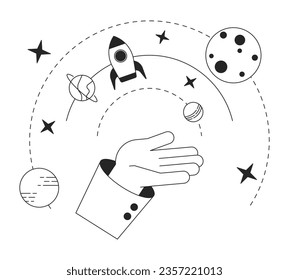 Galaxy on hand flat monochrome isolated vector object. Space exploration. Aerospace engineering. Editable black and white line art drawing. Simple outline spot illustration for web graphic design