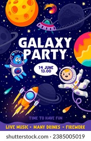 Galaxy Party Flyer. Cartoon Kind Astronaut, Alien, Sternenhimmel, Raketen und Raumplaneten Vektorposter der Geburtstagsfeier. Spaceman- und Marsfiguren, UFO- und Raumschiffe, die im Weltraum schwimmen