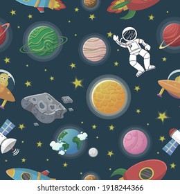 Galaxy pattern cartoon style. Astronaut with rocket and alien in the open space Cute design for kids fabric and wrapping paper. Flat cartoon style funny galaxy pattern.