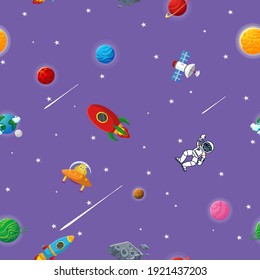 Galaxy pattern cartoon style. Astronaut with rocket and alien in the open space Cute design for kids fabric and wrapping paper. Flat cartoon style funny galaxy pattern.