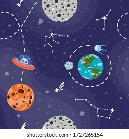 Galaxy pattern cartoon style.  Cute design for kids fabric and wrapping paper. Alien spaceship travel. Bright childish tile. Hand drawn funny galaxy pattern.