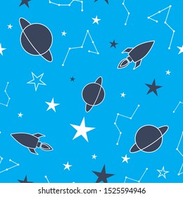 Galaxy pattern with spaceships, planets and stars. Blue background filled with sky elements