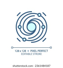 Galaxy pixel perfect light blue icon. Black hole. Cosmic dust. Dark matter. Star formation. Space science. RGB color sign. Simple design. Web symbol. Contour line. Flat illustration. Isolated object