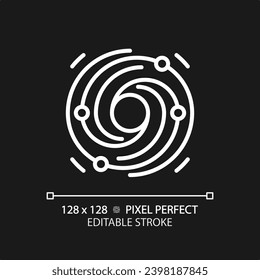 Galaxy pixel perfect white linear icon for dark theme. Black hole. Cosmic dust. Dark matter. Star formation. Space science. Thin line illustration. Isolated symbol for night mode. Editable stroke