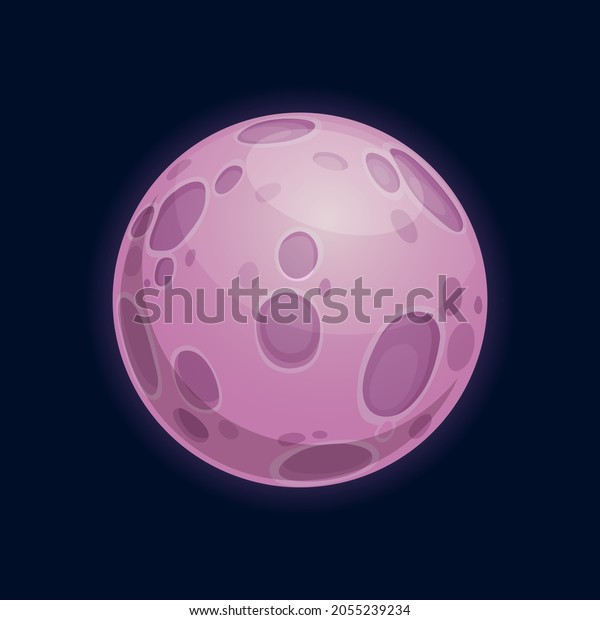 Galaxy planet desert surface with craters isolated\
fantasy cartoon exoplanet. Vector purple far alien world, galaxy\
deep outer space planet, moon or asteroid, habitable place,\
satellite in space