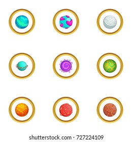 Galaxy planet icons set. Cartoon style set of 9 galaxy planet vector icons for web design