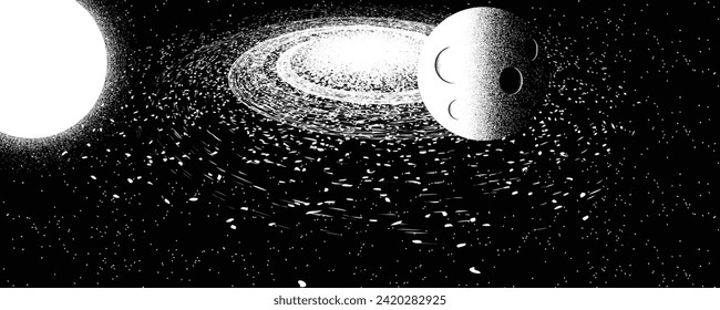 Galaxy and planet in space. Futuristic landscape, with noise texture . Night landscape with starry sky .Vector illustration