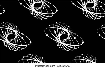 GALAXY WITH PLANET SYMBOL SEAMLESS VECTOR PATTERN. TWISTED ELLIPSE MONOCHROME TEXTURE