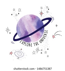 Galaxy Planet Universe Star Line Text Moon Girl Tee Illustration Art Vector