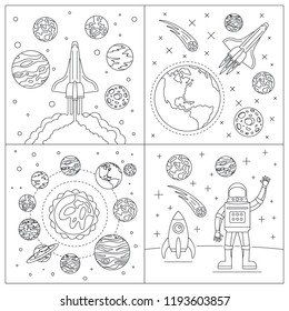 Galaxy planets banner set. Outline set of galaxy planets vector banner for web design