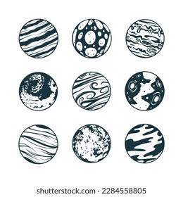 Galaxy planets celestial collection. Nine hand drawn space design elements isolated on white background for print, poster, tattoo and greeting card.