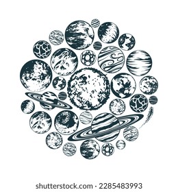 Galaxy planets celestial collection. Round hand drawn illustration with space symbols for print, poster, tattoo and greeting card.