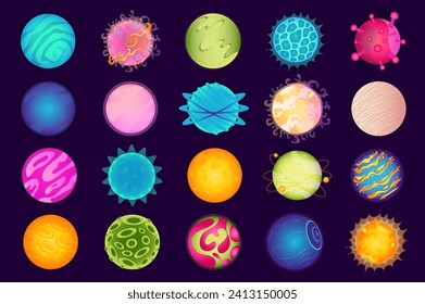 Galaxy planets mega set in flat design. Bundle elements of colourful abstract alien planets and fantastic cosmos universe celestial spheres for space game. Vector illustration isolated graphic objects