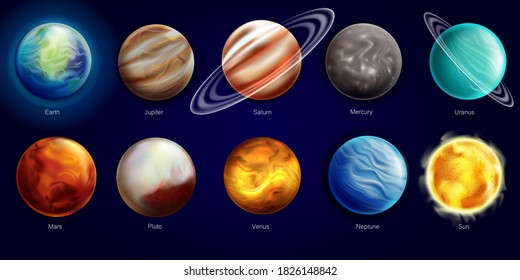 Galaxy planets realistic style icons set. Illustration of the sun and eight planets orbiting it. Planets of the solar system on a space background. Vector illustration