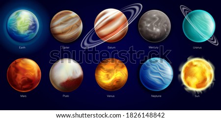 Galaxy planets realistic style icons set. Illustration of the sun and eight planets orbiting it. Planets of the solar system on a space background. Vector illustration