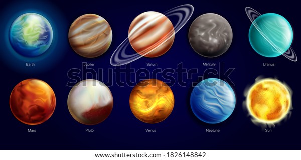 Galaxy planets realistic\
style icons set. Illustration of the sun and eight planets orbiting\
it. Planets of the solar system on a space background. Vector\
illustration