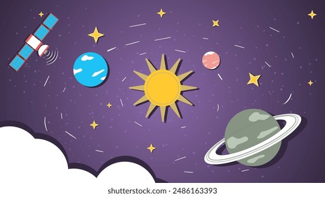 Planetas de galaxia giran alrededor del sol, ilustración plana de garabatos de niños