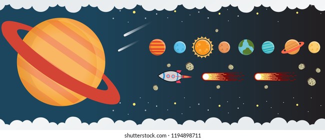 Galaxy planets and space background with comets, meteorites, stars, planets, nebulae in a flat style. vector